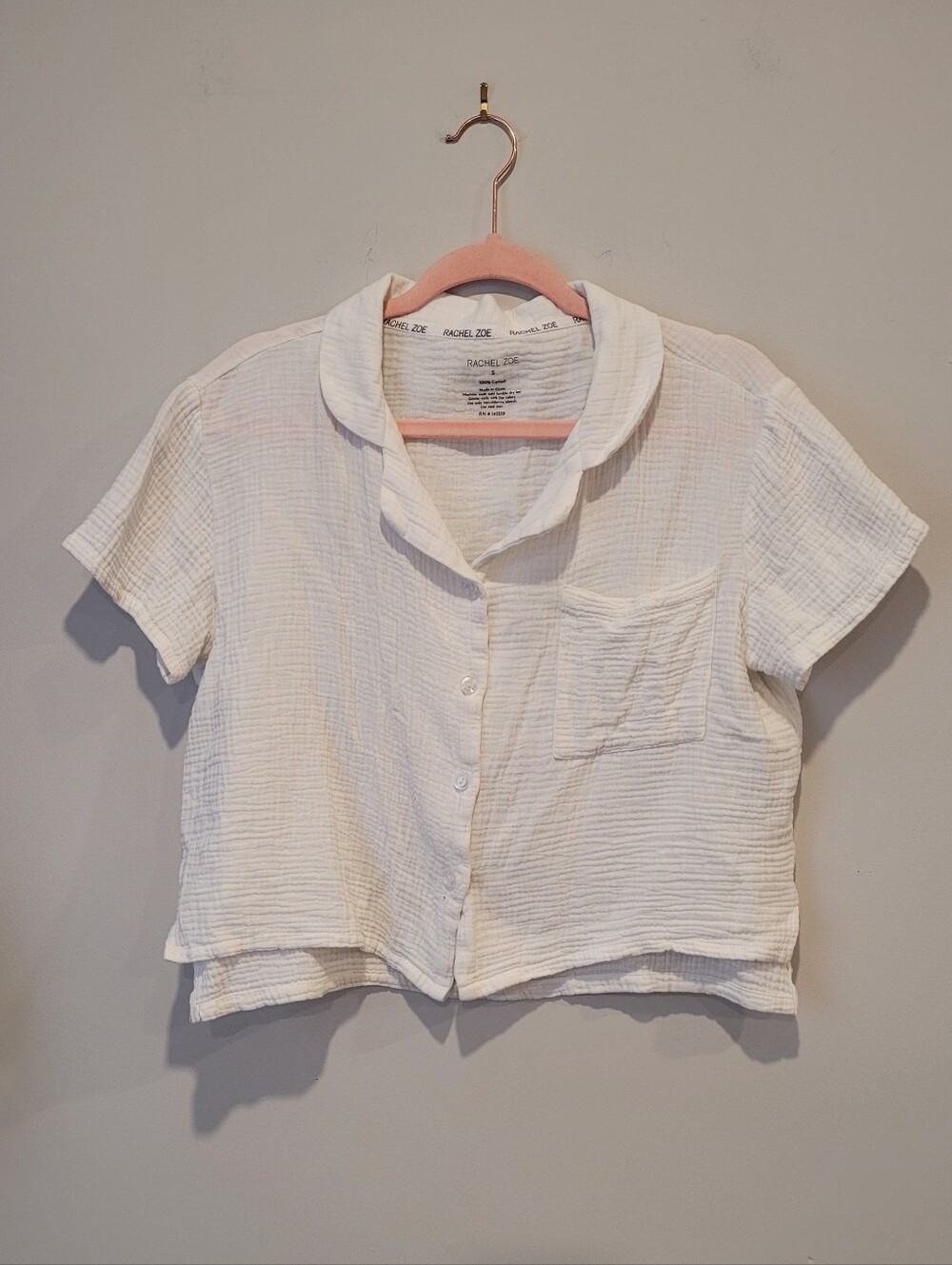 Rachel Zoe Cream Short-Sleeve Button Front Cropped Top